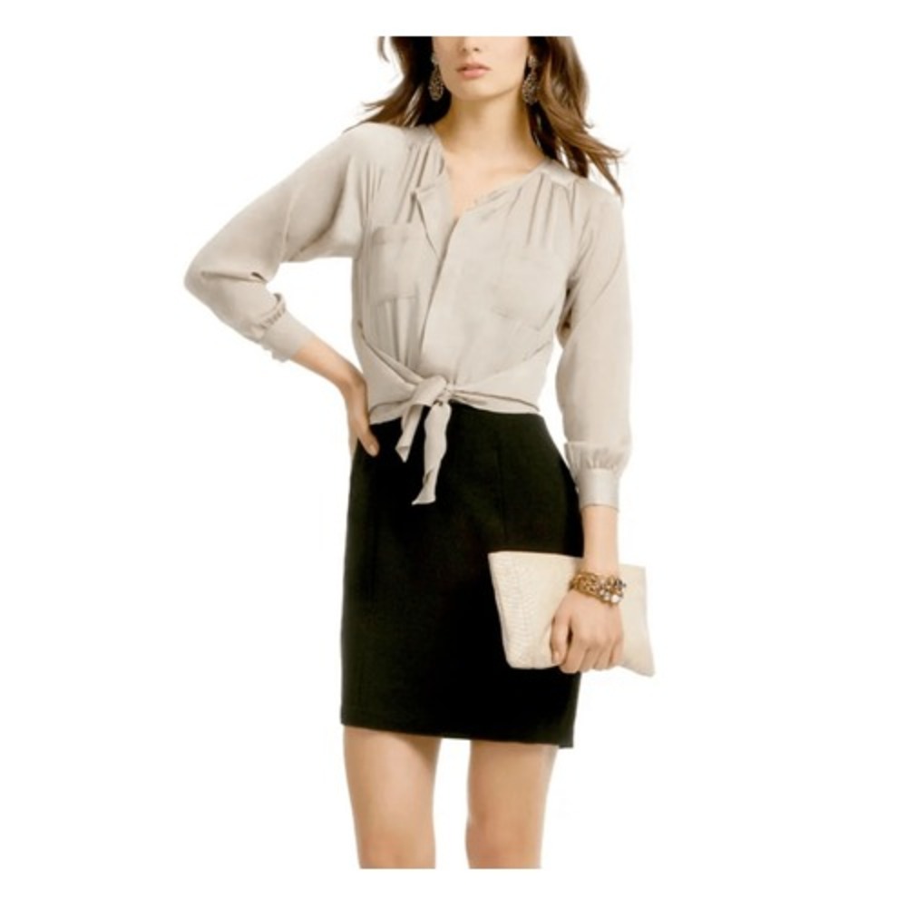 Rebecca‎ Taylor Hidden Agenda Mixed Media Tie Waist Dress Champagne Black Size 6